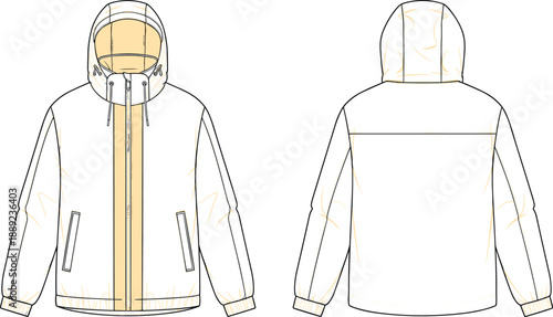 Technical flat sketch of hooded winter jacket, detailed fashion illustration for apparel design, outerwear template for garment industry, vector style artwork