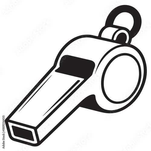 Black outline contour drawing of a classic simple sports whistle design, a device for producing a loud sound to attract attention or give a signal in athletic competitions