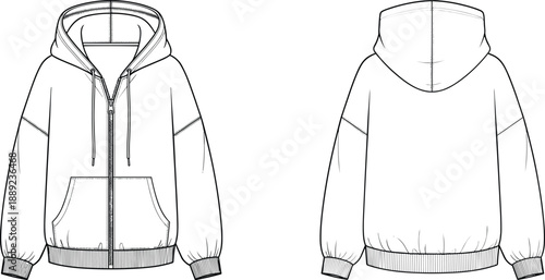 Technical flat illustration of zip up hoodie front and back with kangaroo pockets, drawstring hood, ribbed cuffs and hem, vector apparel template