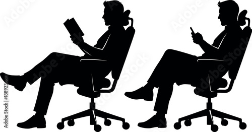 Man sitting in office chair silhouette set reading book and using smartphone for relaxation work and education concept