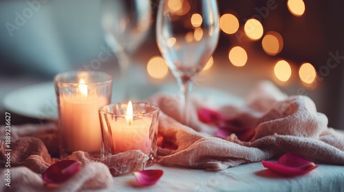 Romantic dinner table still life: candles, wine glasses, rose petals, soft bokeh, no people
