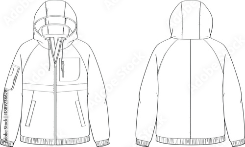 Technical hooded jacket apparel sketch, front and back view, fashion design template, detailed garment drawing for clothing manufacturing and product development