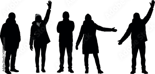 People in winter clothes silhouettes set, group of men and women wearing warm jackets, cold weather vector icons,