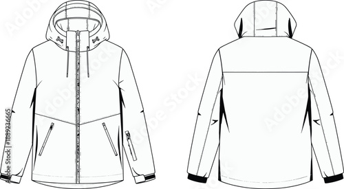 Technical hooded outerwear jacket illustration, front and back view, detailed apparel fashion template for clothing design, product development, and garment production