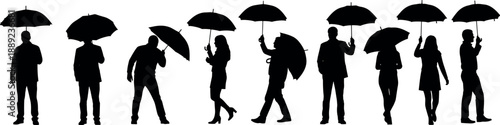People holding umbrellas silhouettes set, male and female walking in rain vector, weather protection icons, autumn rainy day,