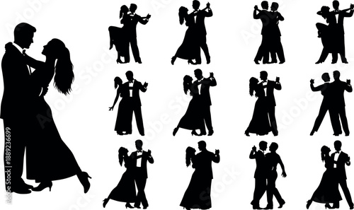 Romantic ballroom dancing couples silhouettes set featuring elegant poses for wedding celebration formal event invitations and dance school icons