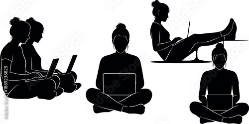 Women working on laptops silhouettes set featuring diverse sitting poses for freelance remote work education and female entrepreneurship projects (18 words)