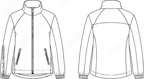 Technical jacket CAD flat sketch front and back view, raglan sleeve activewear apparel design template with zipper pockets for outdoor sportswear