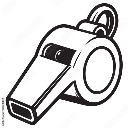 Sports coach whistle vector illustration in black and white line art style representing referee authority fair play game management and athletic training equipment for various sporting events
