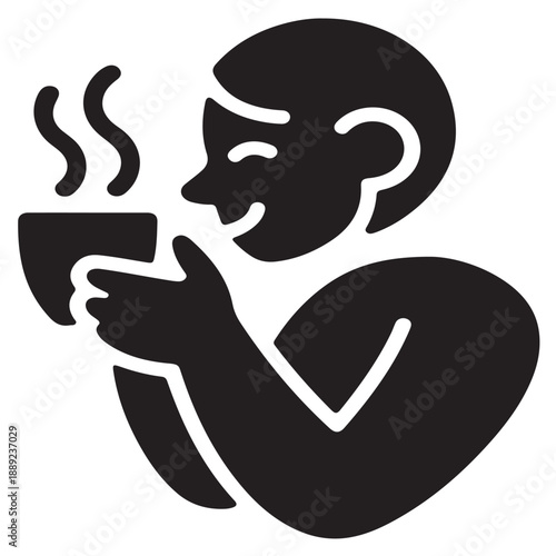 Stylized drawing of a person happily drinking hot steaming beverage from a mug or cup, enjoying a moment of relaxation and warmth