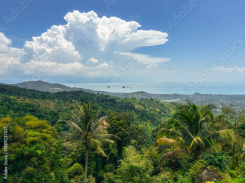 Idyllic landscape view of tropical jungle and ocean with distant islands, Koh Samui