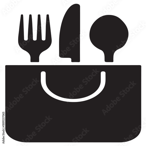 Takeaway food bag with fork knife and spoon icons above representing delivery service or restaurant takeout meal package concept design