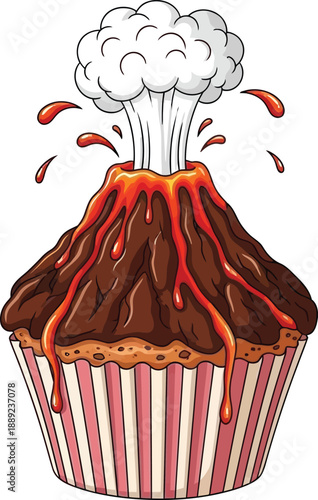Cartoon volcano cupcake with chocolate icing and red lava flow erupting white steam cloud isolated on transparent bg
