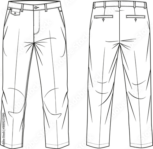 Technical trousers fashion flat sketch, front and back apparel template, menswear pants outline for clothing design, tailoring, merchandising visuals