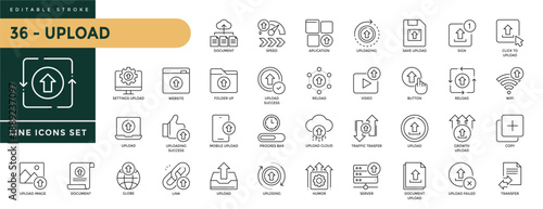 A collection of Upload icons set with editable stroke, includingdocument, speed, aplication, save, sign, click to upload, traffic transfer, globe, upload failed, copy. Thin linear vector illustration