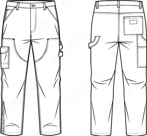 Utility cargo pants flat sketch, technical workwear trousers front and back, detailed pockets and stitching, apparel design template for fashion industry