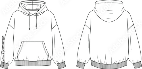 Unisex hoodie technical flat sketch, front and back apparel template, fashion illustration for clothing design, casual streetwear garment blueprint, merchandising visuals