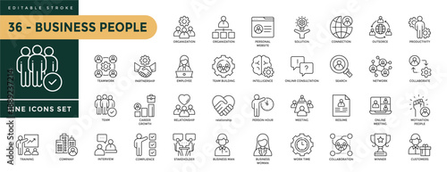 A collection of Business People icons set with editable stroke, including organization, personal website, solution, connection, outsource, network, interview, complien. Thin linear vector illustration