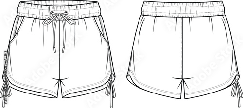 Women’s drawstring running shorts flat sketch, front and back views with pockets, curved hem and side ties, activewear apparel design template