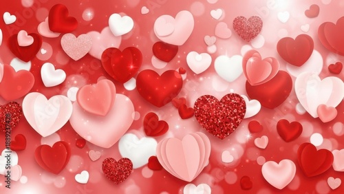 Romantic background with various pink and red hearts in layered paper style