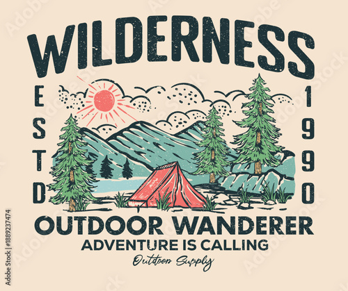 Adventure is calling. Outdoor wanderer vintage artwork. Summer adventure. Mountain Outdoors t shirt vector design. Mountain artwork for apparel, sticker, batch, background, poster and others.
