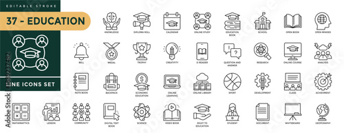 A collection of Education icons set with editable stroke, includingKnowledge, diploma roll, calendar, online study, education book, school, backpack, science, student. Thin linear vector illustration