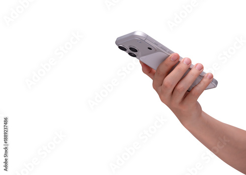 Rear view of hand holding smartphone mockup isolated on transparent background. Back side of mobile phone mockup for copy space.