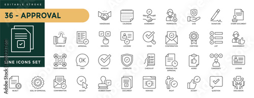 A collection of Approval icons set with editable stroke, including handshake, calendar, agreement, permission, give, list, endorsment, agree, accept, team, candidate. Thin linear vector illustration