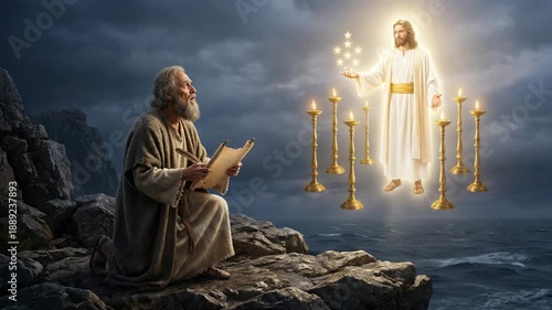 Apostle John visionary revelation with glorified Jesus and seven golden lampstands, spiritual biblical prophecy, rocky island background video concept