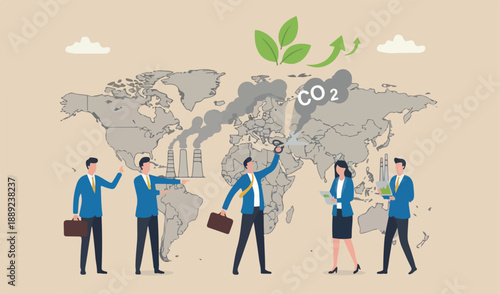 Reduce carbon footprint, decrease emission produce, global warming environmental recovery plan concept, businessman team country leader cutting CO2 carbon dioxide smoke from industrial.