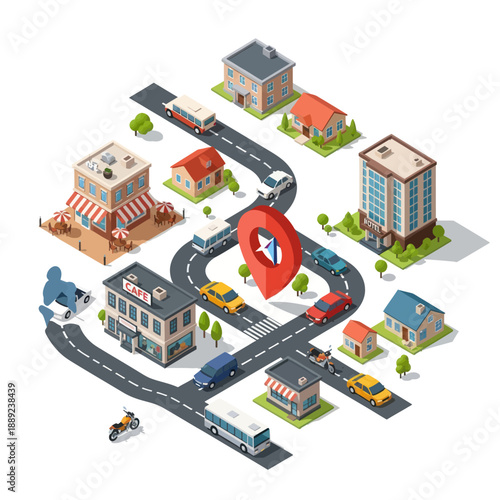 Isometric Map Pin with Road Network Buildings.