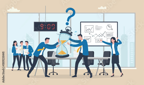 Time pressure or running of time, stress or anxiety finish within aggressive meeting management concept, frust marketing businessman to up squeezed timer to clock