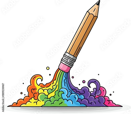 Creative pencil rocket launching with rainbow smoke trail and colorful clouds for artistic education and inspiration
