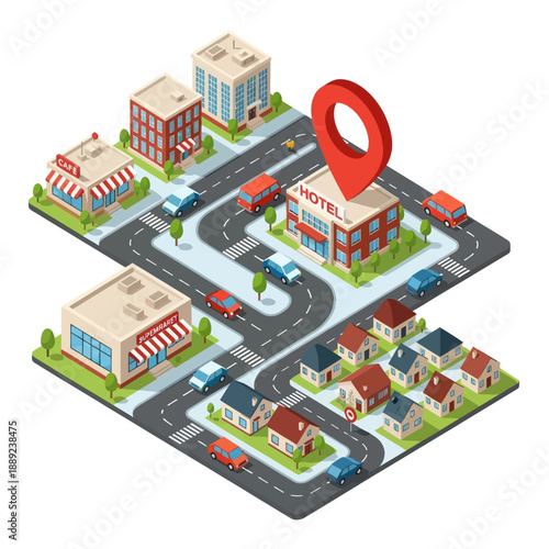 3D Isometric Map with Red Location Pin.