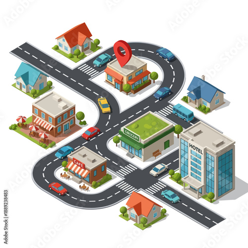 Isometric Cityscape with Road Network and Buildings.