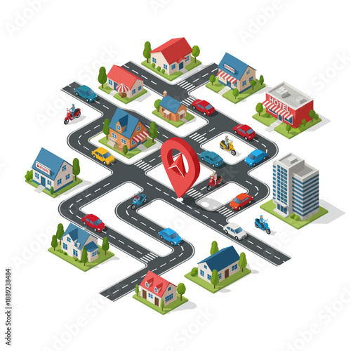Isometric Map with Red Location Pin.