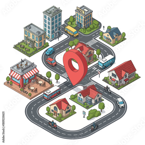 Red Map Pin on Isometric Road Map.