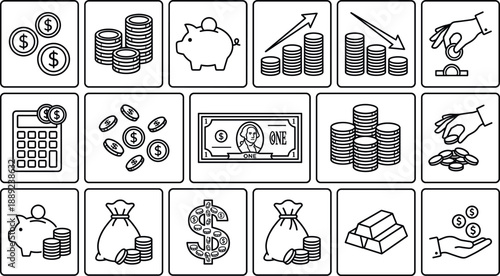 Finance and money icon set, black and white banking symbols, coins piggy bank dollar bill and gold vector,