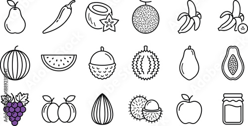 Fruit and healthy food icon set, black outline pear chili coconut banana watermelon lychee papaya apple and grape vector,