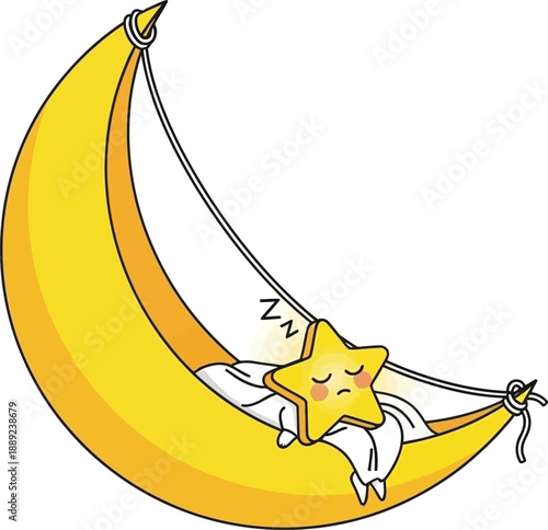 Cute cartoon star sleeping on moon in hammock vector illustration isolated on transparent background good night