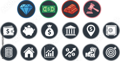 Financial and investment icon set, diamond gold bar money wallet piggy bank and real estate vector, banking symbols,