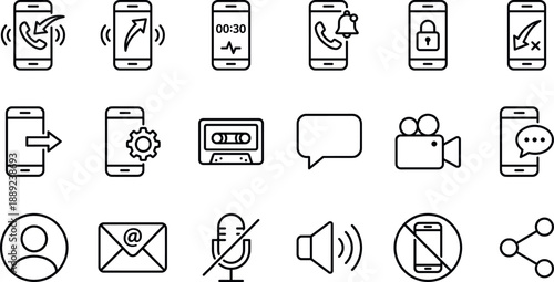 Mobile phone communication icons set, black outline smartphone calling messaging and multimedia vector symbols, user interface design elements,