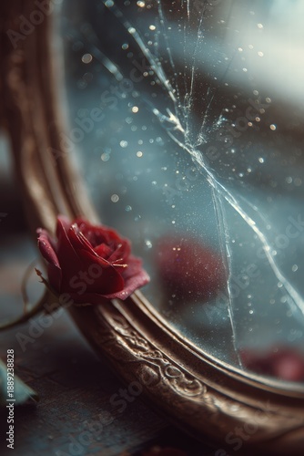 Antique mirror with cracked edges, a single red rose reflected, dust particles in moonlight, eerie romantic
