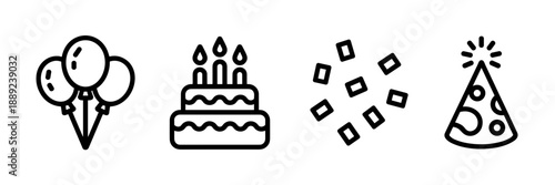 Minimalist birthday outline icons – Suitable for digital planners, party invitation graphics, or social media stickers.