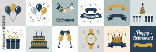 Professional retirement party vector set – Suitable for corporate farewell cards, senior lifestyle content, or office events.