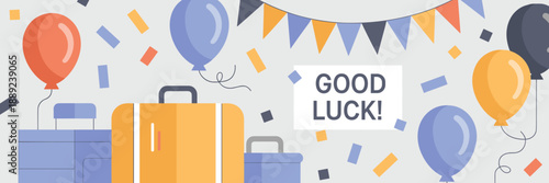 Good Luck banner and suitcase vector – Perfect for office parties.