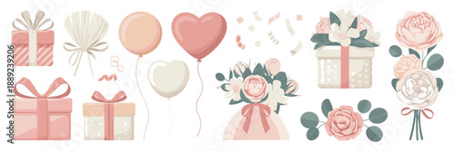 Bridal shower party vector elements with gifts and flowers