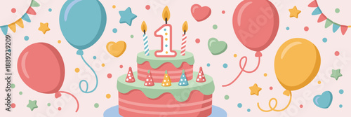 First birthday party flat design with cake balloons and confetti