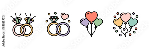Romantic engagement party flat icons with rings and balloons