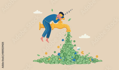 Make money while sleeping, passive income streams with side hustle, dividends, property rental or investment profit concept, rich young man sleeping at night on pipe faucet money banknote flow